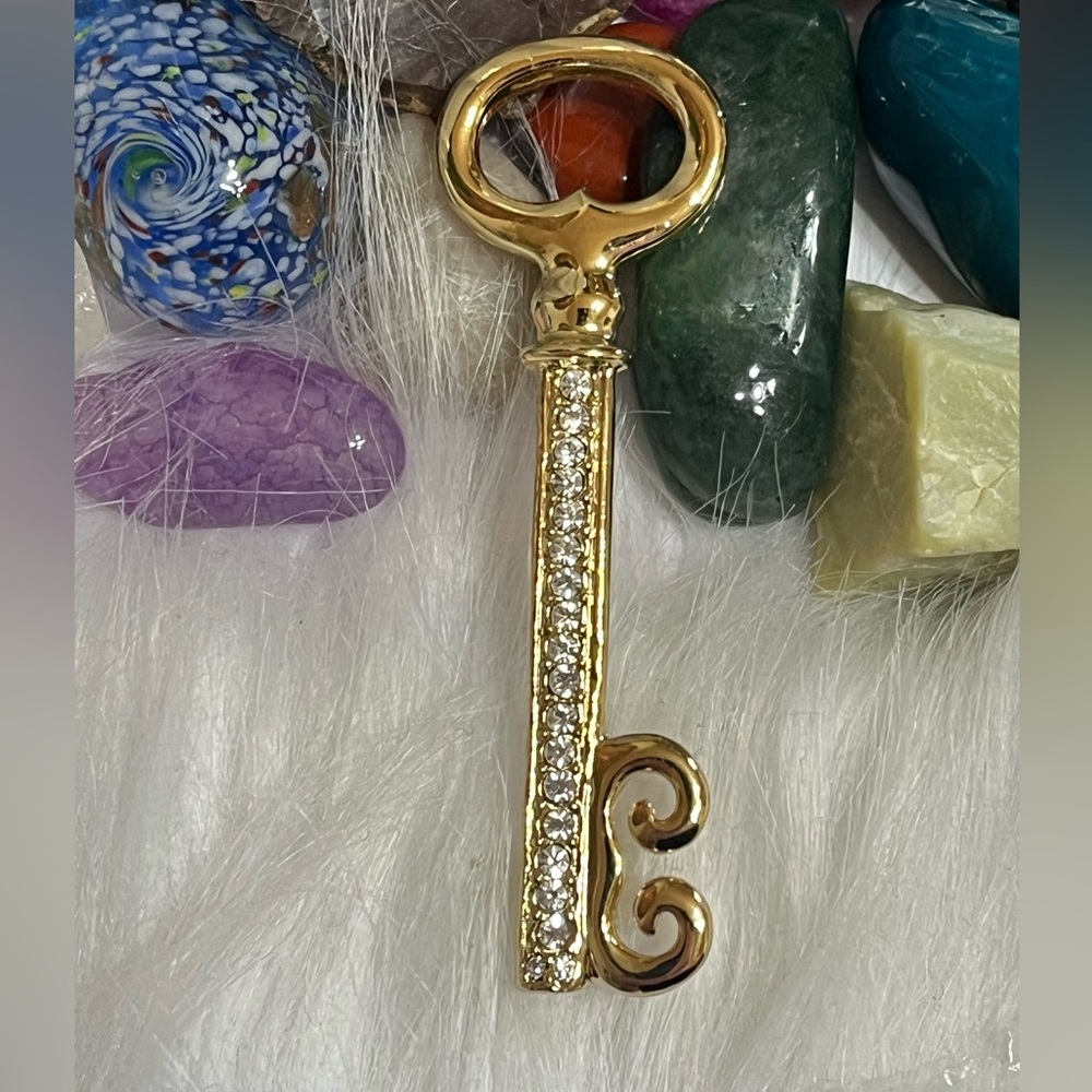 Vintage Gold Key Brooch with Clear Crystals